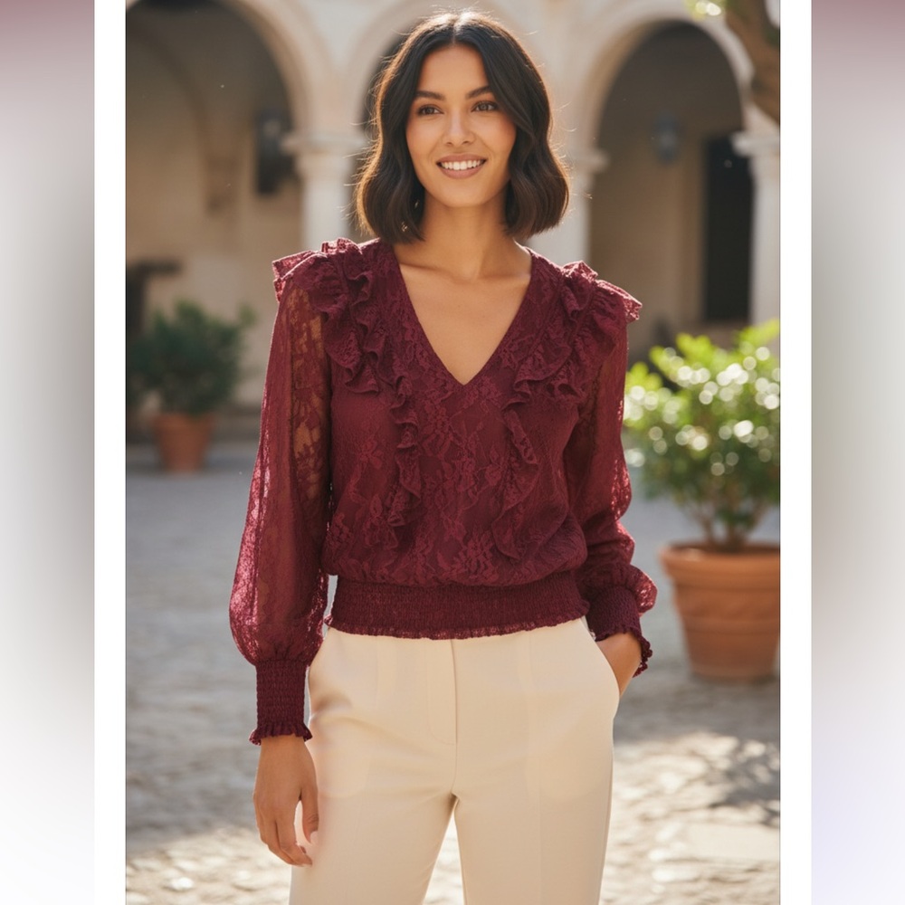 Express Burgundy Lace Ruffle Blouse Romantic Sheer Sleeve Top